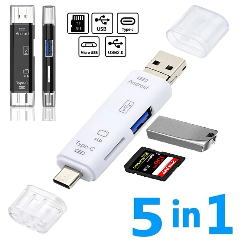 Phone Accessories Types - 5-in-1 Multifunktions-USB 2.0 Typ C/USB/Micro USB/Tf/SD-Speicherkartenleser